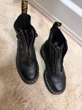 Dr. Martens Sinclair Black Leather Front-Zip Combat Boots with Yellow Stitching